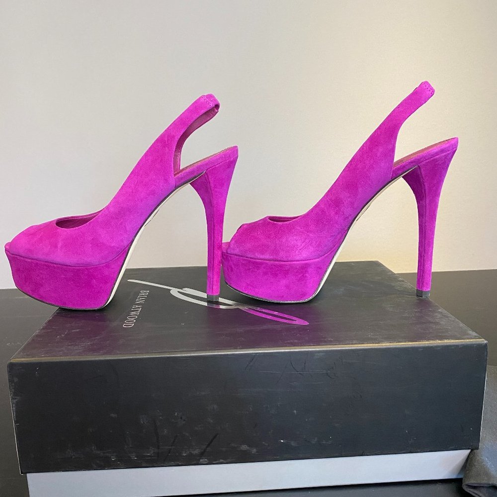B Brian Atwood suede peep toe pumps